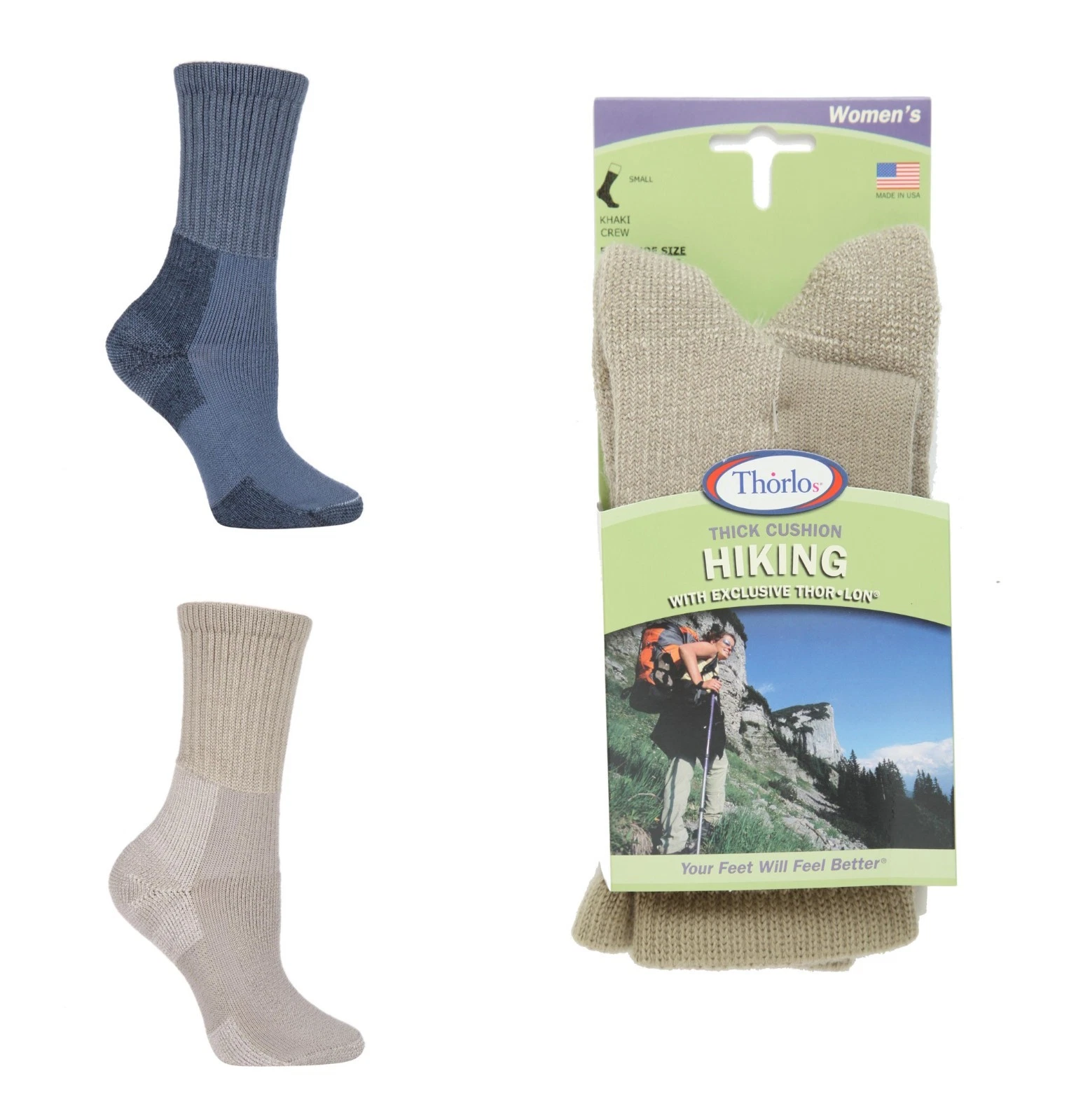 Thick Socks Womens Hiking Thorlos Cushioned Padded Durable in Khaki/Blue- 1 Pair