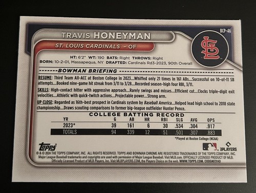 2024 Bowman #BCP-46 Travis Honeyman Chrome Prospects St. Louis Cardinals - Picture 2 of 2