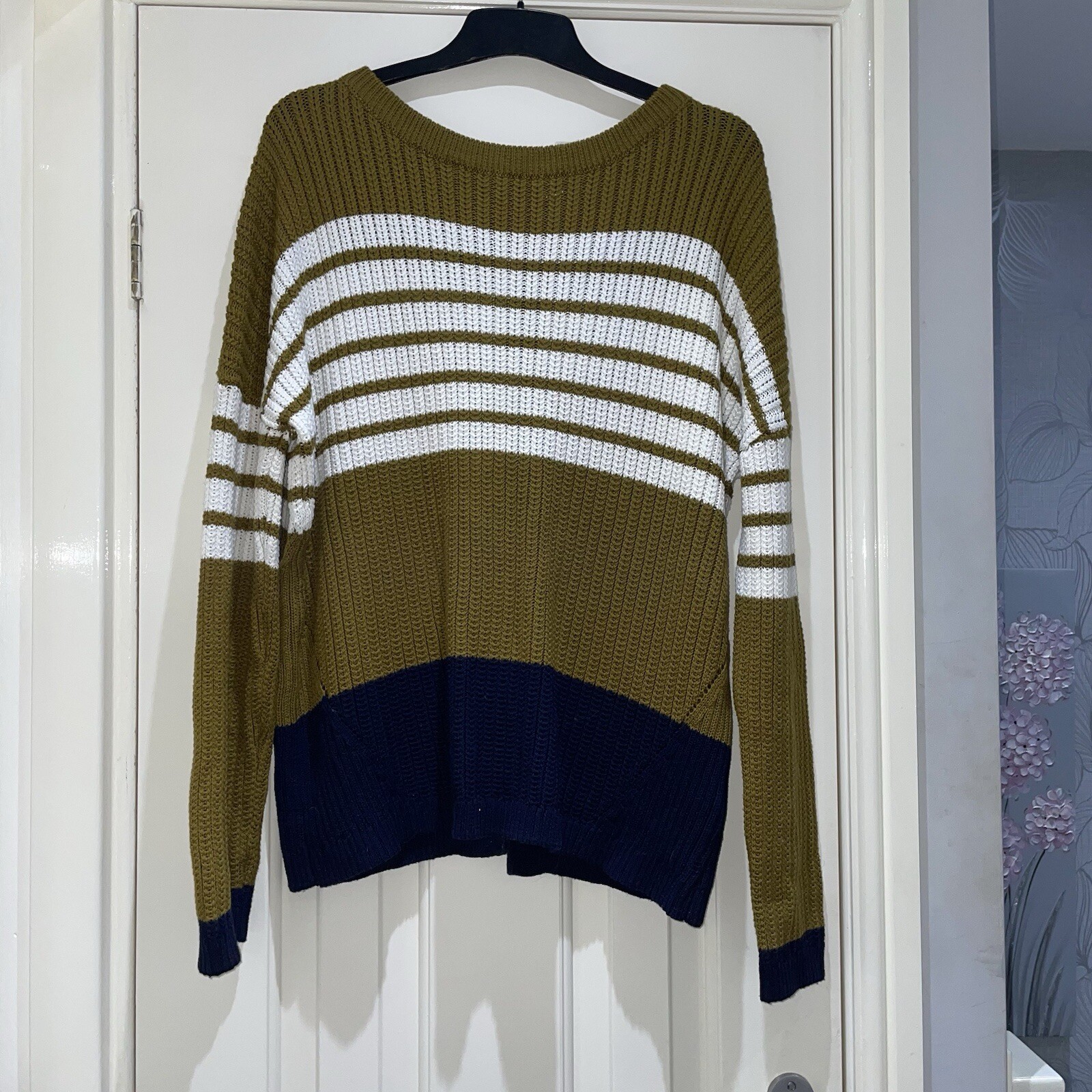 Next Navy Blue Mustard Yellow Striped Open Back Chunky Knit Jumper Size Small GC