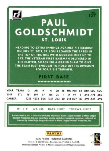 2020 Panini Donruss Baseball #127 Paul Goldschmidt St. Louis Cardinals Blue Holo - Picture 2 of 2