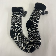 Womens Fair Isle Sherpa Lined Slipper Socks w Grippers One Size Dark Black/White