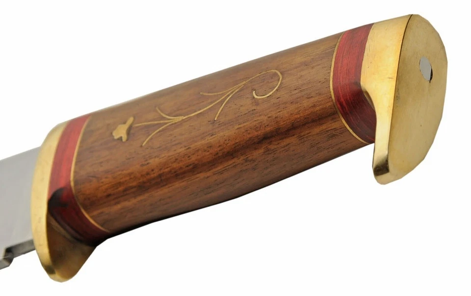 Fixed Blade 12.25" Brass Inlaid Handle Hunting Camp Knife w/ Leather Sheath -NEW - Image 2 of 4