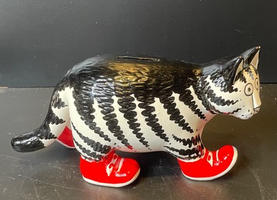 Sigma Kliban Cat Coin Bank Striped Black & White Red Shoes Signed w/Plug Vintage