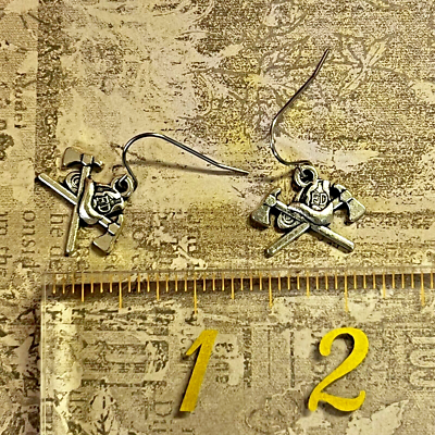 Fire Department Badge Circle Charm Earrings - French Hook, Clear Crystal Rhinestones - View #9