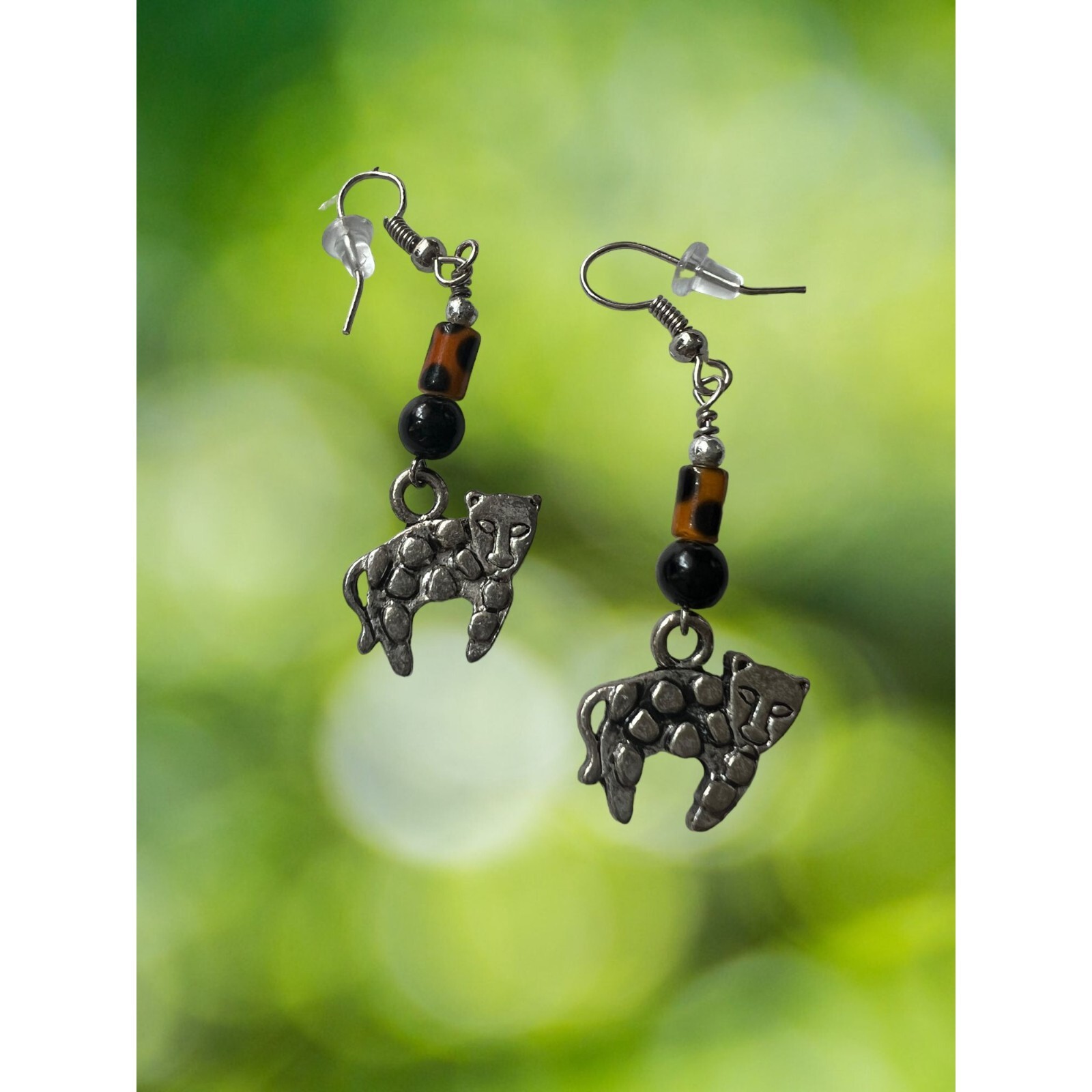 Artisan Dangle Silver Tone Earrings Leopard Tiger… - image 1