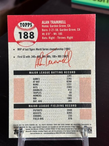 ALAN TRAMMELL 2022 TOPPS CHROME PLATINUM ANNIVERSARY #188 AUTOGRAPHED - Picture 2 of 2
