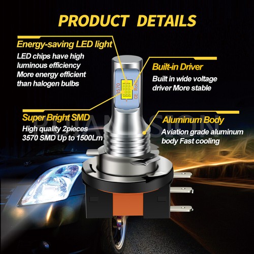 Ruiandsion H15 LED Bulb Car Headlight Fog Light Hi Lo Beam 10-30V 1500lm White - Picture 3 of 9