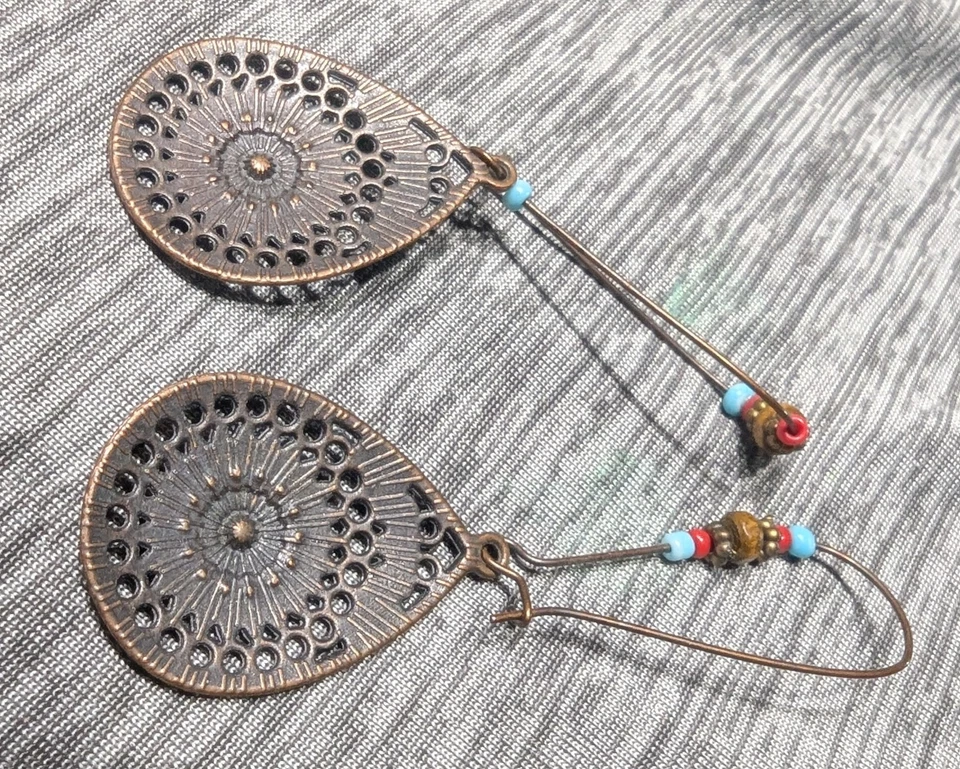 Серьги лот (5) пары: медь, дерево, искусственная бирюза, кожа, бисер, искусственный нефрит - Изображение 4 из 4