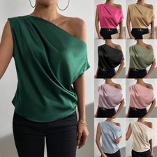 Ladies Satin Silk Shirts One Shoulder Ruched Blouse Vest Tops Summer Party Tee