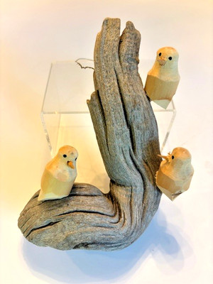 Irene Ortega Signed 8'' Driftwood & Hand Carved Wood Folk Art Sculpture Birds