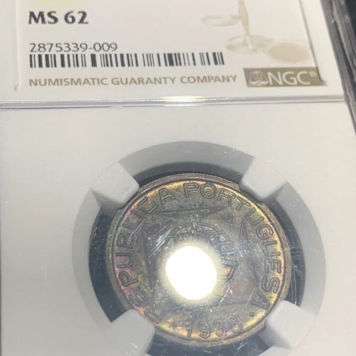 Rare - 1938 — MOZAMBIQUE 5 Esc. SILVER, NGC— MS62 - TONED