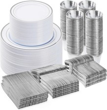 600PCS Silver Dinnerware Set 100 Guests Plastic Plates Party Silver