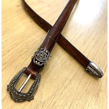 VTG 90s BRIGHTON Belt 30 Western Silver Buckle Embossed Leather Cowgirl Rodeo