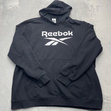 Reebok Hoodie Mens 2XL Black Fleece Lined Graphic Print Logo Pullover Outerwear