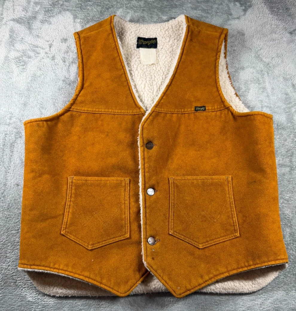 Vtg 80s Wrangler Sherpa Lined Suede Feel Vest Western Ranch Workwear USA