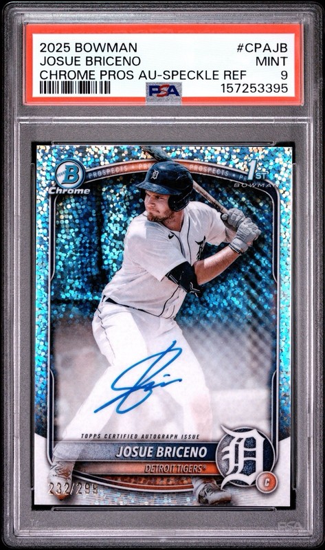 2025 Bowman Josue Briceno 1st Bowman Speckle Refractor Auto #/299 PSA 9