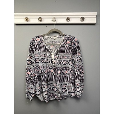 Daniel Rainn Top Womens Small Colorful Boho Artsy Tassel Tie Boho Peasant Blouse