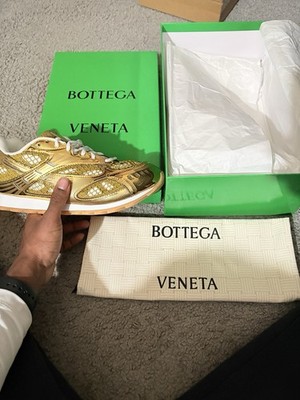 Bottega Veneta Gold White Geometric Lace Up Low Top Men's Athletic Sneakers