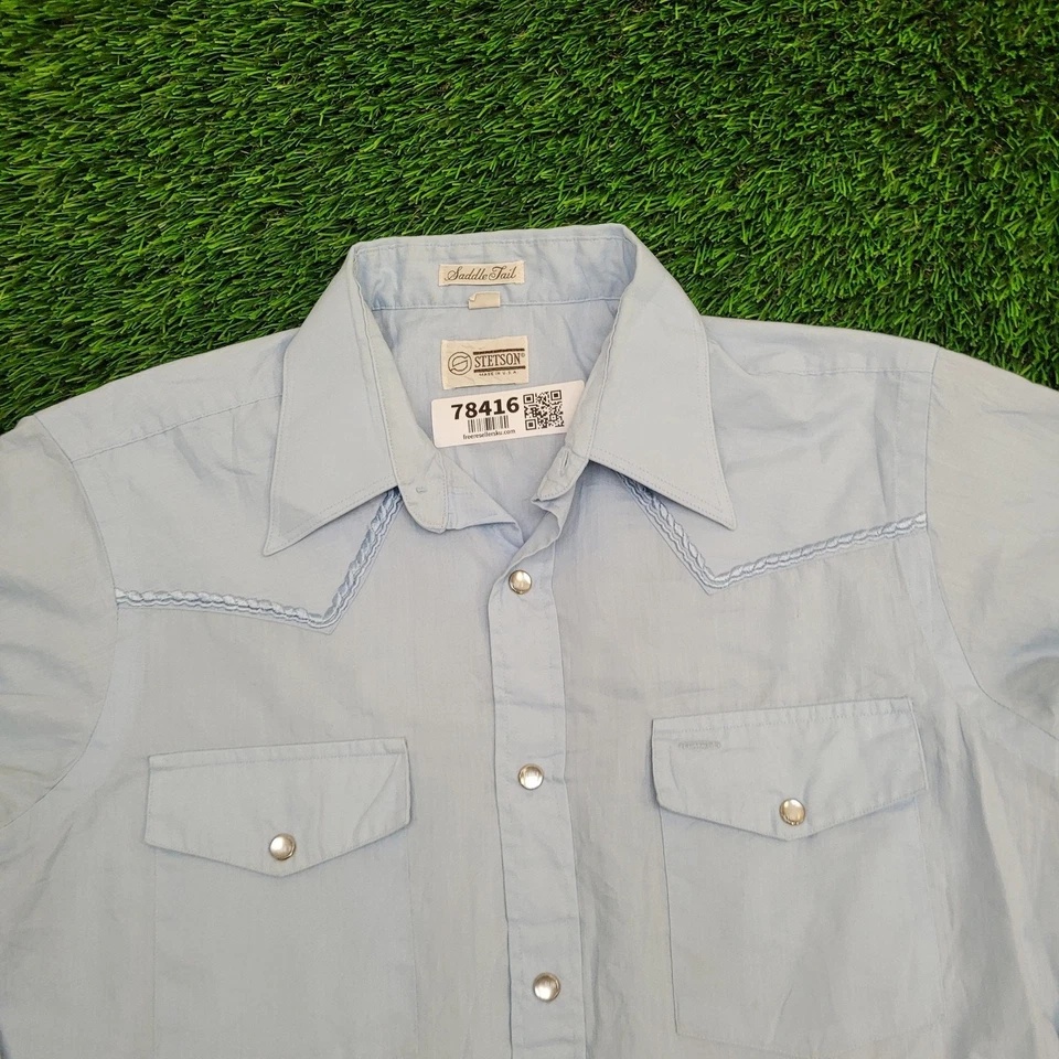 Vintage 80s Stetson Cowboy Pearl Snap Shirt M/L 16 / 35 USA Made - Image 2 of 4