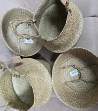 4 x Seagrass Planter Storage Basket Baskets Tote Storage Belly Pot 