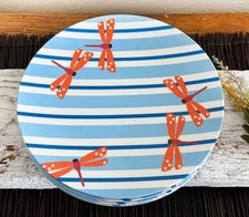 SET/5 The Cellar Macy's Melamine Plates, Orange Dragonflies Blue Stripes 8 3/4"