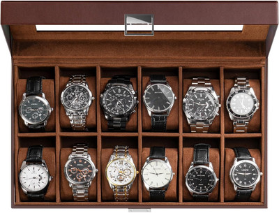 Watch Box Organizer, 12 Slot Watch Display Case with Glass Lid, Watch Storage Ho