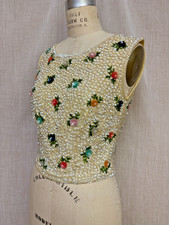 Vintage 60s Sequin Beaded Top Retro Floral Bombshell Rainbow Cream S