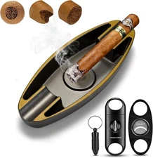 Cigar Ashtray and Cutter Set Portable, Include V Cut One Size, black 