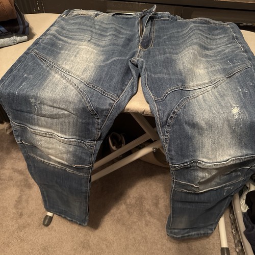 Men's Blue Denim Jeans Straight Leg Distressed Stone Wash Cotton 5-Pocket