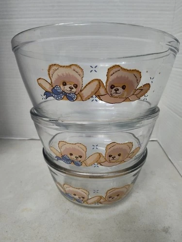 Vintage Anchor Hocking Theodore Country Bear 3 Pc Mixing Bowl Set Tienshan Teddy