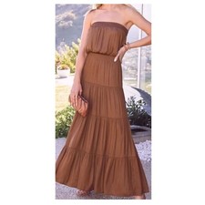 EVEREVE NWT Savannah Strapless Tiered Maxi Dress Mocha's Smocked Waist- Size S