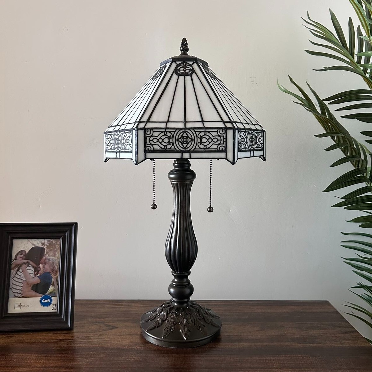Tiffany Style Table Lamp White Stained Glass Hexagon LED