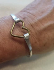 Vintage Handmade Sterling Silver and Brass Heart Cutout Solid Bangle Bracelet