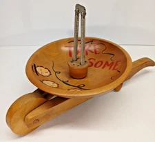 RARE LARGE WHEEL BARREL HAND PAINTED WOODEN NUT CRACKER BOWL  MCM FREE SHIP
