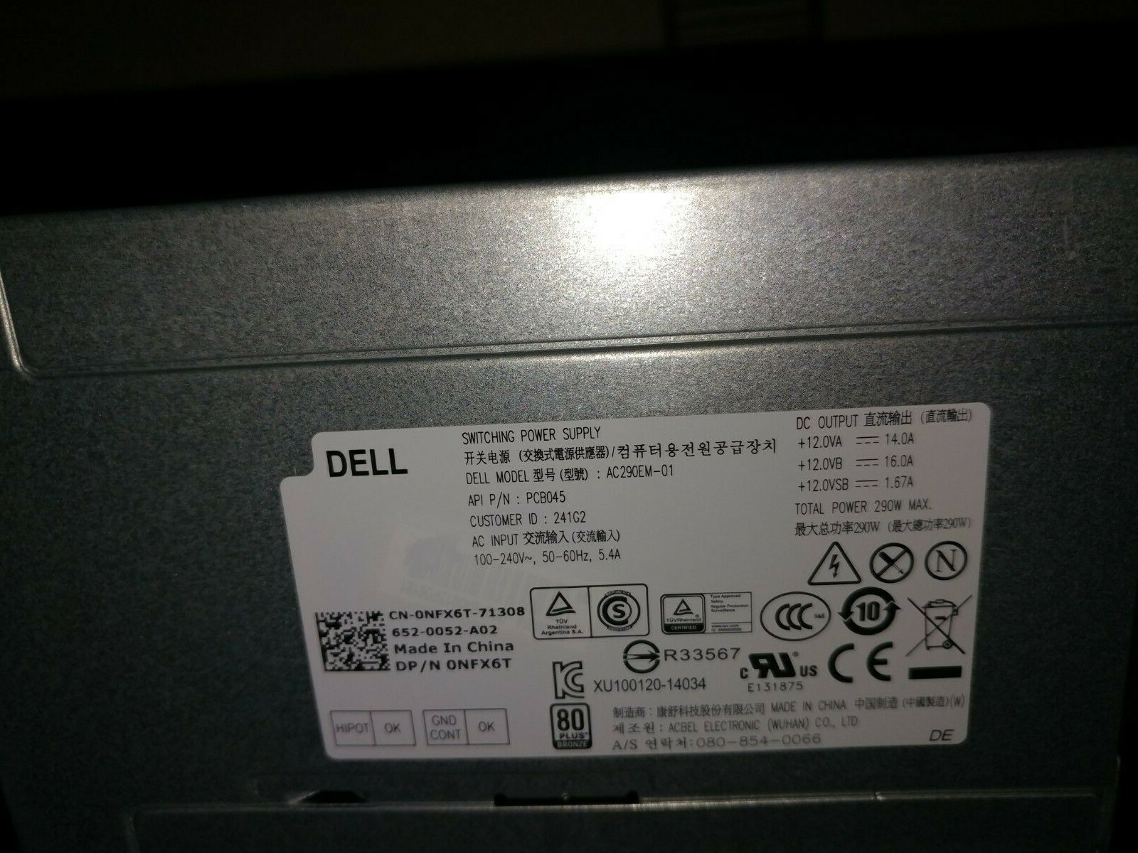 Dell Optiplex 3020 7020 9020 MT 290w Switching Power Supply Hu290em01