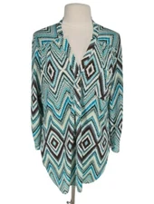 AUDREY ANN Blue Geometric 1/4 Button Up Jersey Tunic Blouse Women Size L 