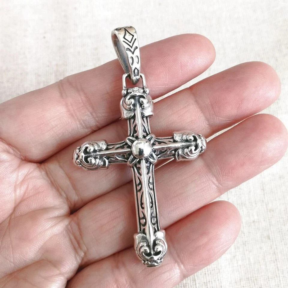 Thick Solid Shiny 925 Sterling Silver Ornate Scroll Cross Pendant Double Sided - Image 3 of 4