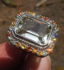 Emerald Cut Prasiolite Green Amethyst  Multi Gemstone Sterling Ring Size 9