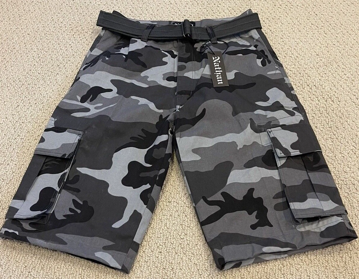 NWT Men’s Nathan Grey Camouflage Camo Belted Cargo Pocket Shorts ALL SIZES
Opens in a new window or