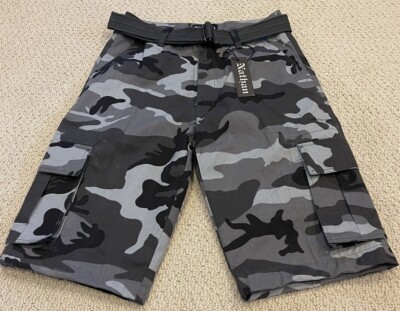 NWT Men’s Nathan Grey Camouflage Camo Belted Cargo Pocket Shorts ALL SIZES 