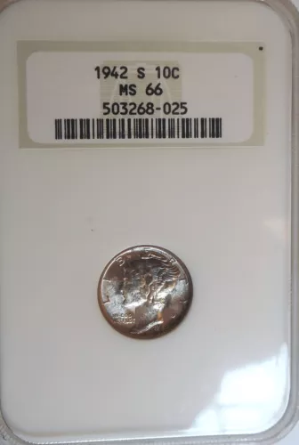 1942-s . Mercury Dime . NGC MS66 . Superb/Gem BU . Old Fatty Soap Bar Holder