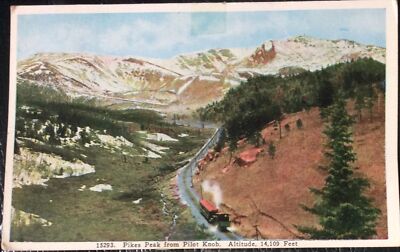 Pilot Knob COG TRAIN Colorado CO Pikes Peak Postcard #15293-Summit Stamped 1929