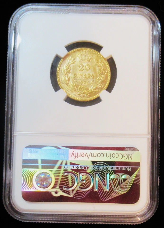 Yugoslavia: Alejandro I oro 20 Dinara 1925 MS62 NGC, KM7. Foto 4 de 4