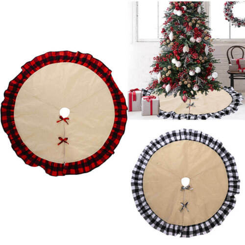 120cm Christmas Burlap Tree Skirt Map Black Red Plaid Buffalo Ruffle Home Décor - Picture 1 of 5