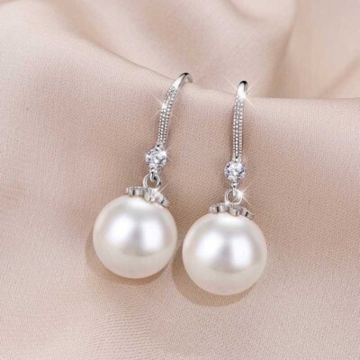 White Pearl Dangle Drop Earrings for Women,Elegant Pearl Earrings,Hook Earrings