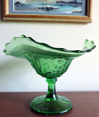 GREEN POPPY 3-Sides Up Early American Pattern Glass Comport* Northwood c1908