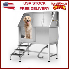 50"Stainless Steel Dog Wash Tub w/Left-Side Stairs Floor Grate,Large  Small Dog
