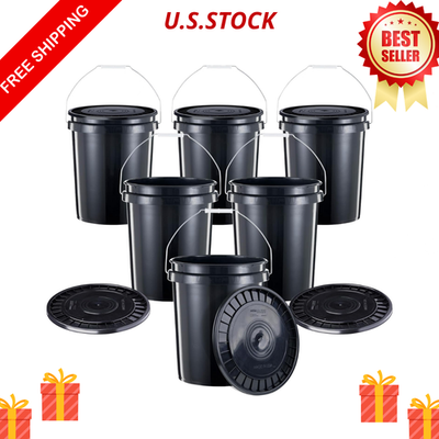 #ad NEW 5 Gallon Heavy Duty Buckets 6 Pack BPA Free Food Grade Plastic Black $54.99