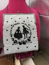 Antique Victorian Micro Beaded Handbag Purse Black  White Courting Couple READ