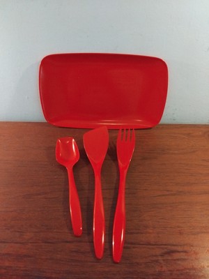 Vintage Rosti Mepal Melamin, Tablett und Utensilien Denmark orange/rot